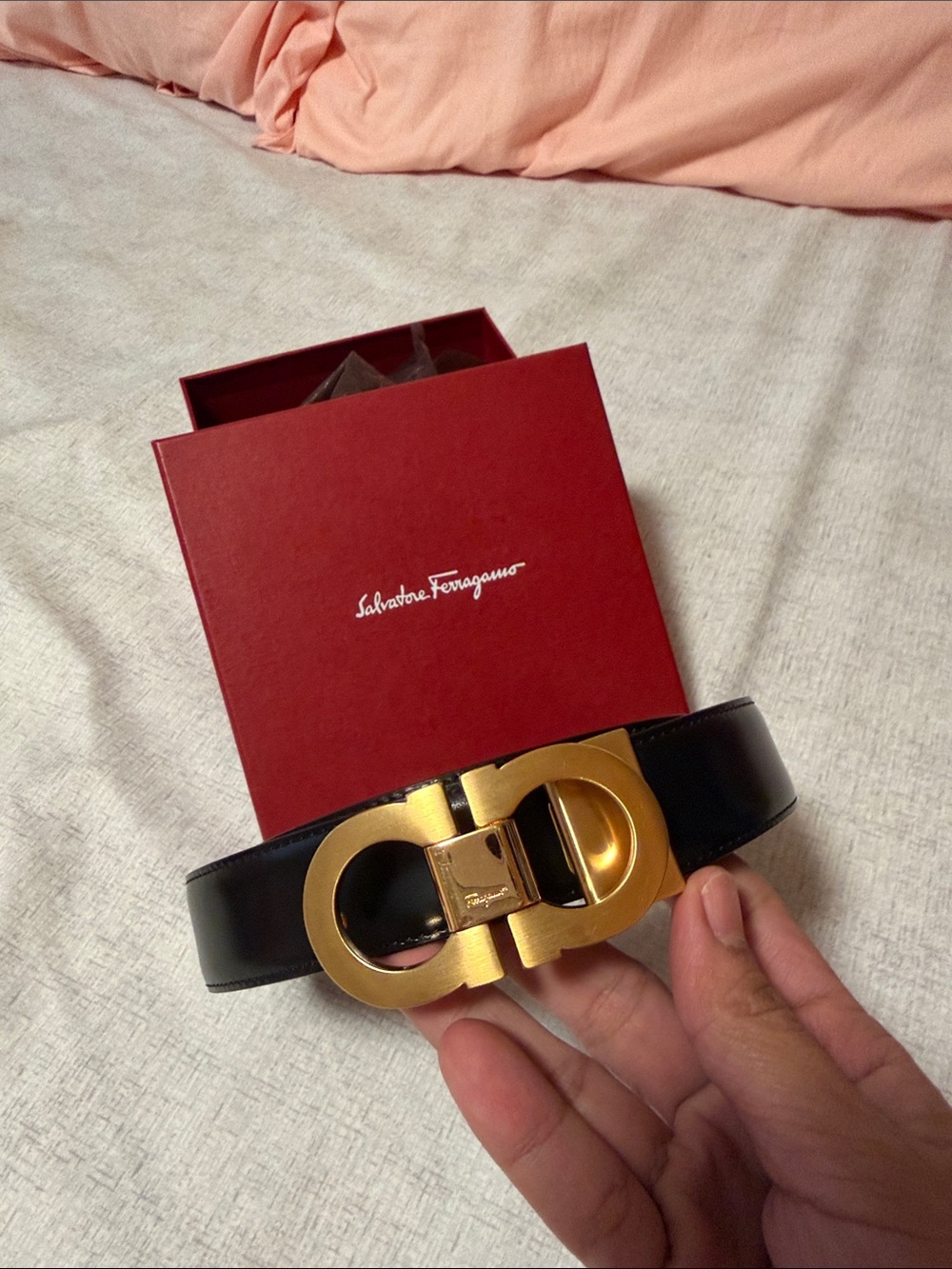 Salvatore Ferragamo Black Leather Belt with Gold Double Gancini Buckle
